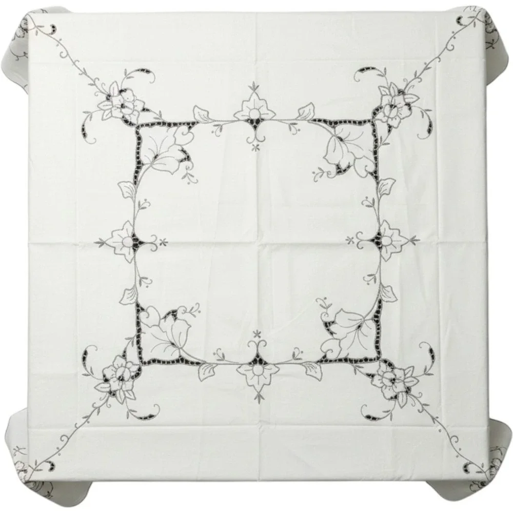 Vintage Cream Embroidered Cutwork Square Tablecloth 47in 6 Matching Napkins Set